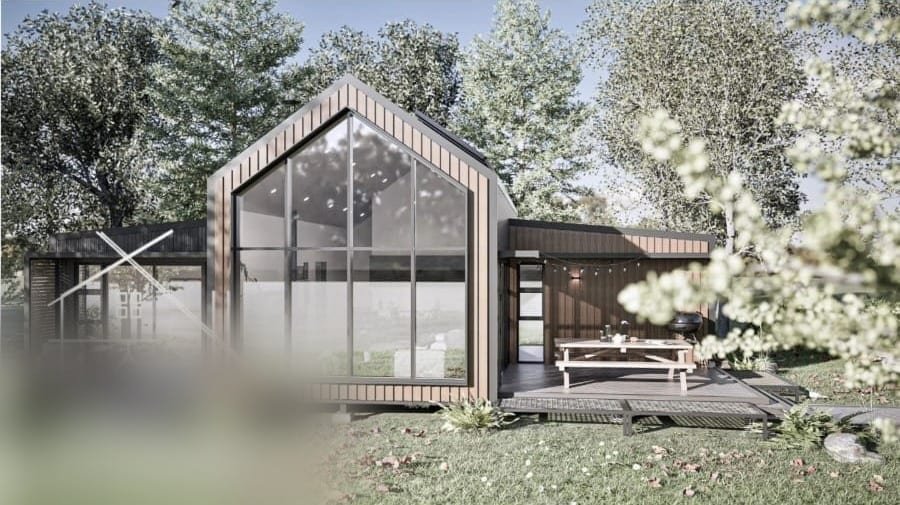 2 Bedroom Pod exterior — gable end with chimney