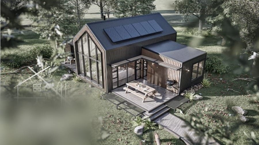 2 Bedroom Pod aerial exterior view with solar panels