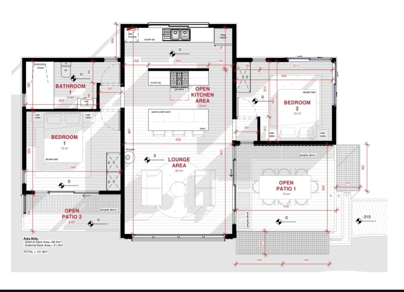 2 Bedroom Pod floor plan — 101.8m² layout with 2 bedrooms, open kitchen, lounge and covered patios