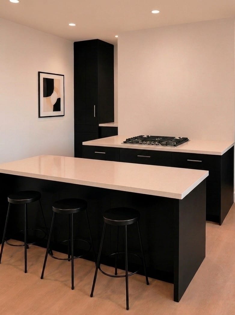 2 Bedroom Pod kitchen island with bar seating