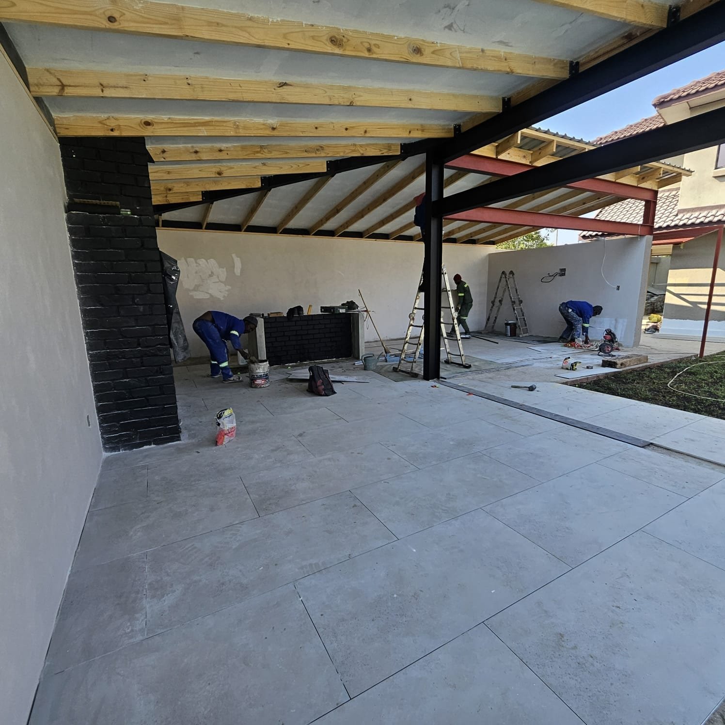 Roof structure and plastered walls nearing completion, Farrarmere entertainment area